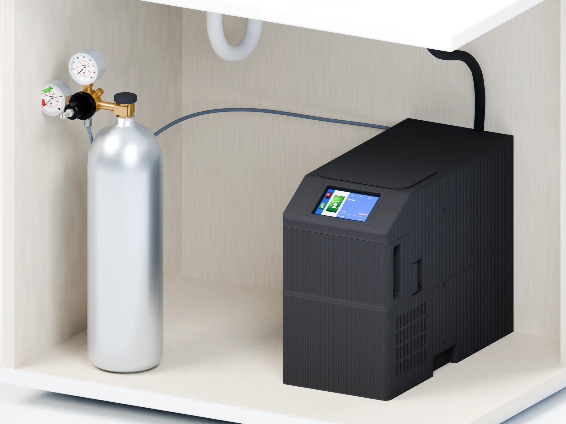 Detail of the soda machine and a CO₂ cylinder standing beside it inside the kitchen cabinet.