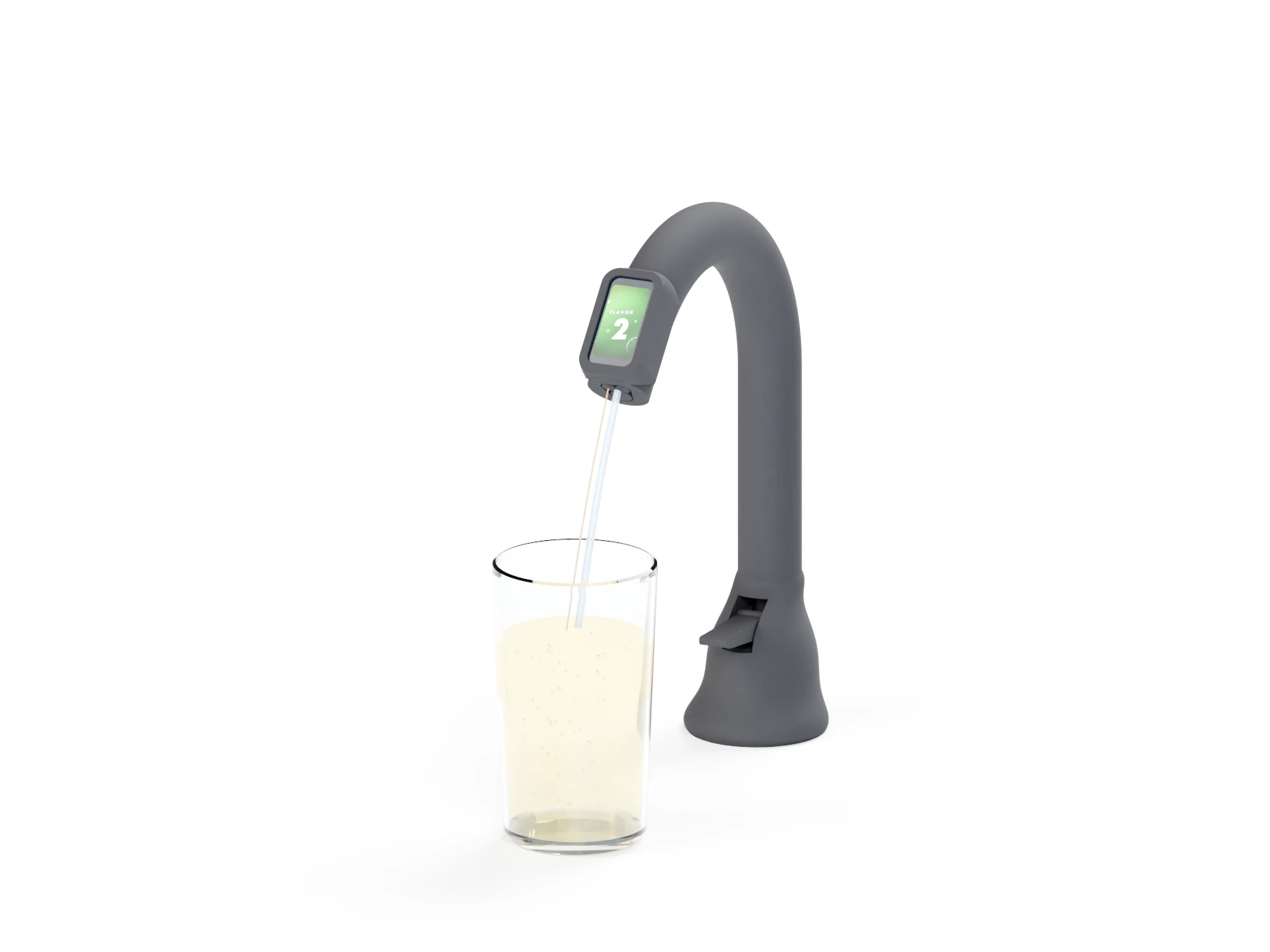 Detail of the dedicated soda faucet’s display and lever, with a glass beneath the outlet.